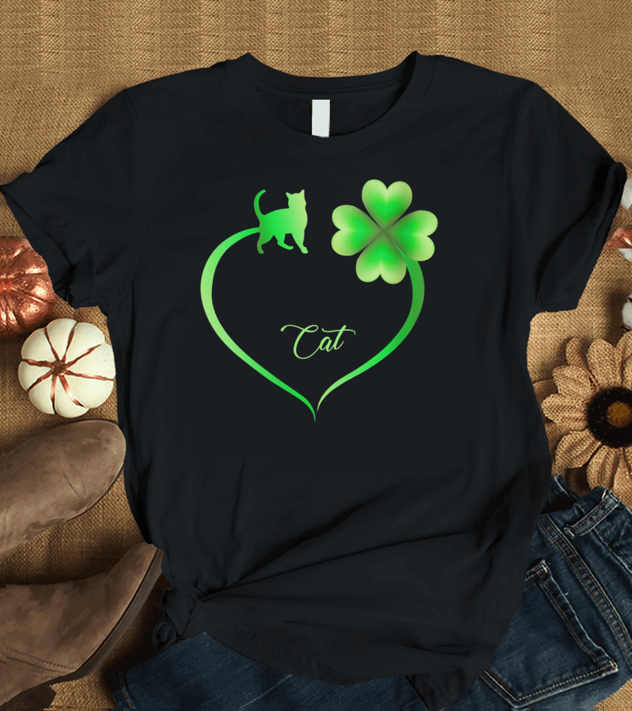 Cat Heart with Shamrock Symbol for St. Patrick's Day Lovers T-Shirt