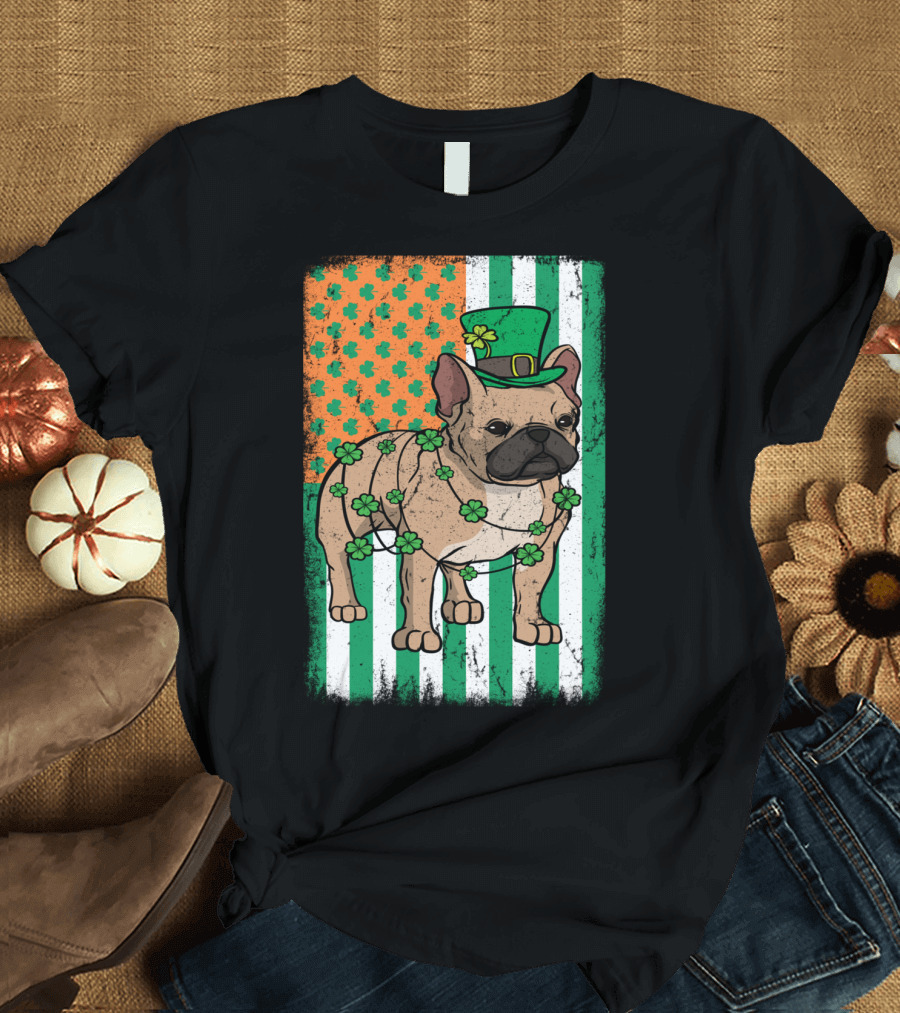 Frenchie Leprechaun St Patrick's Day French Bulldog Green Hat Shamrocks Irish Flag T-Shirt