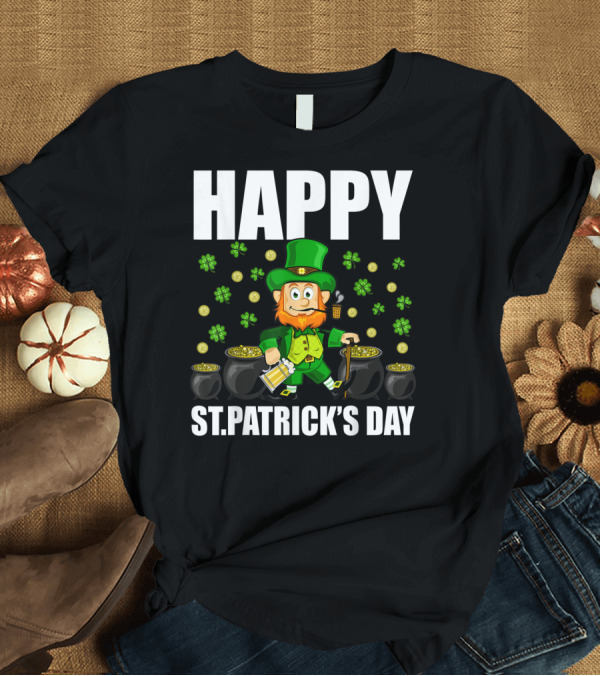 T-Shirt: HAPPY ST PATRICK'S DAY FUNNY LEPRECHAUN WITH BEER AND GOLD COINS T-Shirt HAPPY ST PATRICK'S DAY FUNNY LEPRECHAUN WITH BEER AND GOLD COINS T-Shirt