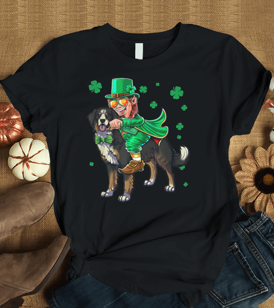 Leprechaun Riding Bernese Mountain Dog with Shamrocks T-Shirt