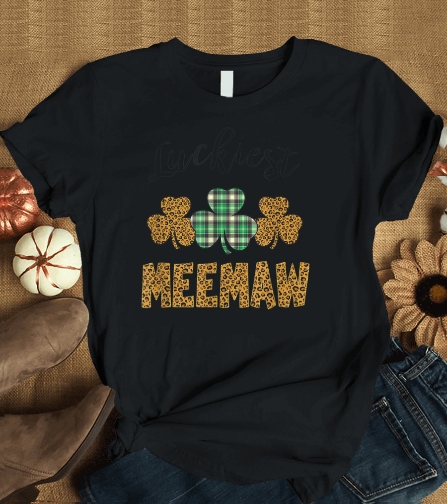Luckiest Meemaw Plaid and Leopard Shamrock T-Shirt