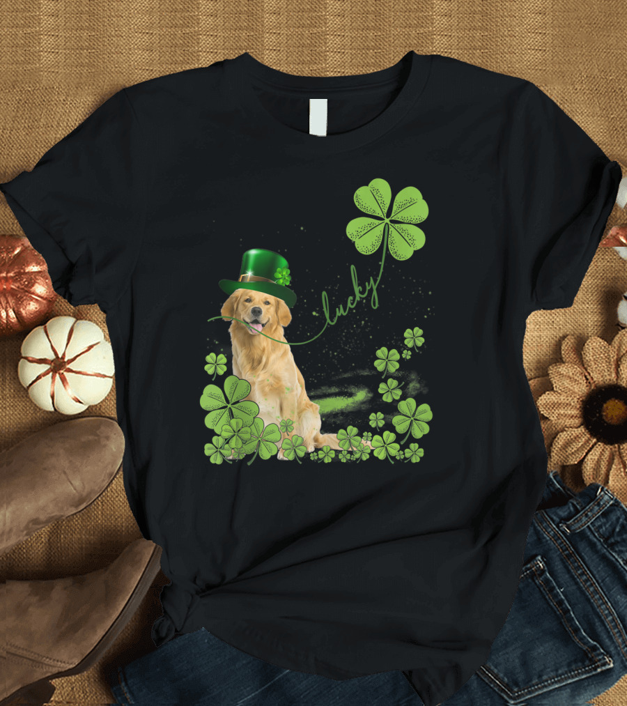 Lucky Golden Retriever Dog Shamrock Hat with Clover T-Shirt
