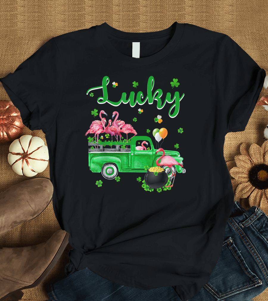Lucky Green Truck with St Patrick's Day Flamingos and Pot of Gold T-Shirt