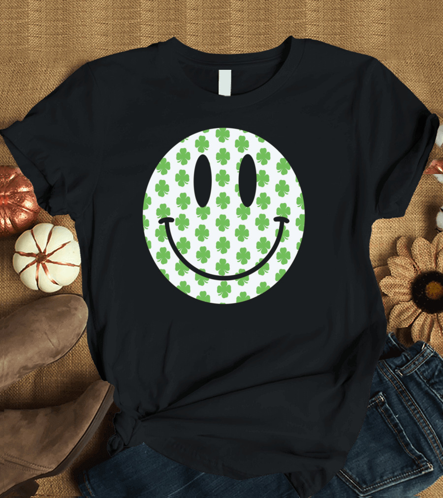 St Patrick's Day Shamrock Pattern Happy Smile Face T-Shirt