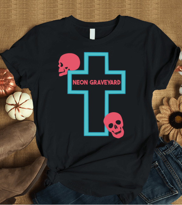 T-Shirt: Neon Graveyard Cross with Red Skulls Halloween Party T-Shirt Neon Graveyard Cross with Red Skulls Halloween Party T-Shirt