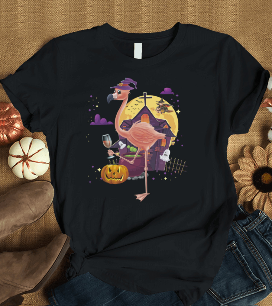 Pink Flamingo Witch Holding Wine with Pumpkin at Haunted House T-Shirt