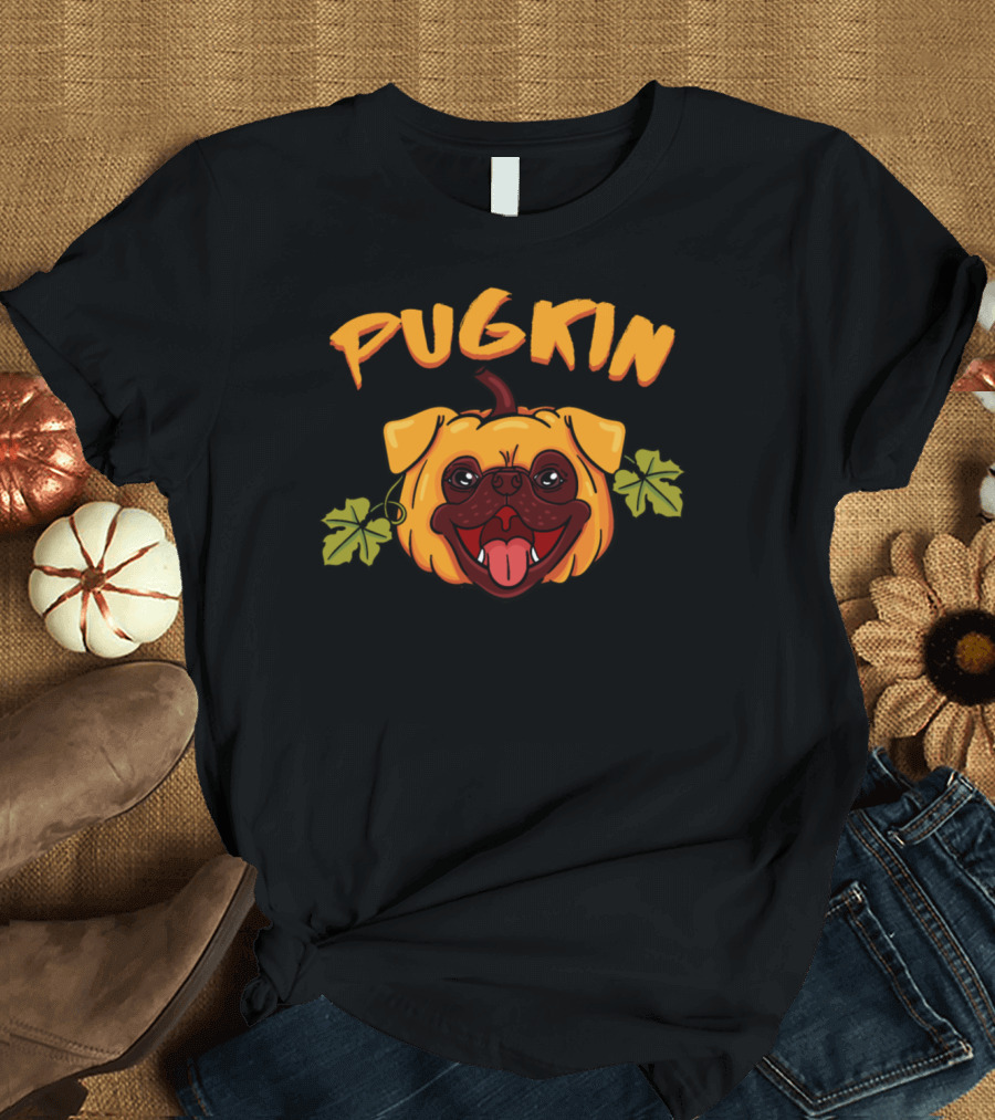 Pugkin Pumpkin Face with Leaves T-Shirt