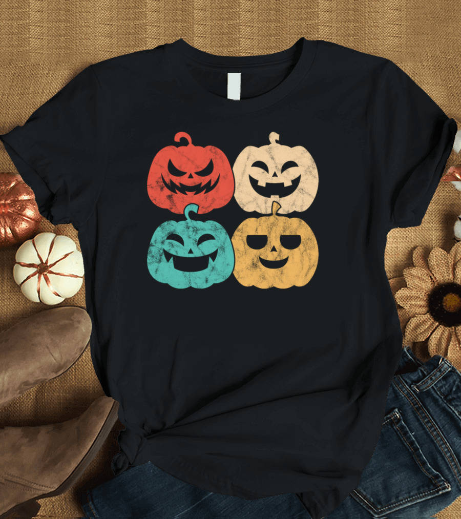 Retro Pumpkin Faces in Four Color Block T-Shirt