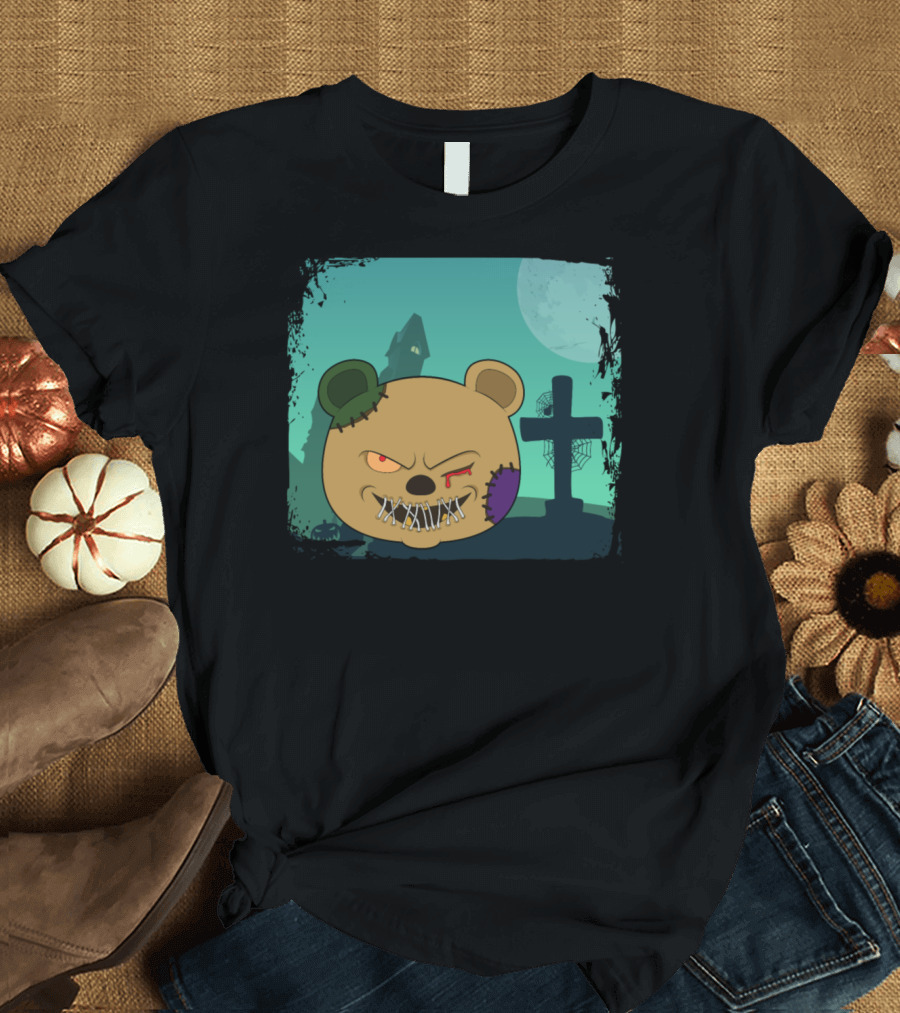 Scary Creepy Bear Halloween Graveyard Moon Scene T-Shirt
