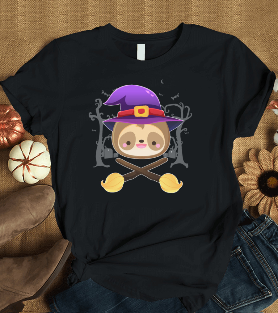 Sloth Witch Hat Halloween Broomstick Spooky Forest T-Shirt
