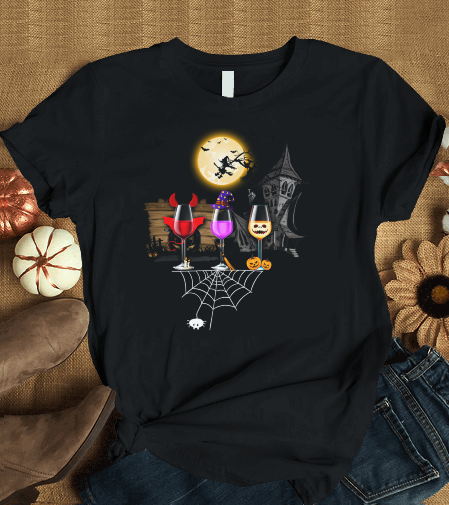 Trello Three Glasses Of Wines Halloween Moon Witch Haunted House Spider Web Pumpkin T-Shirt