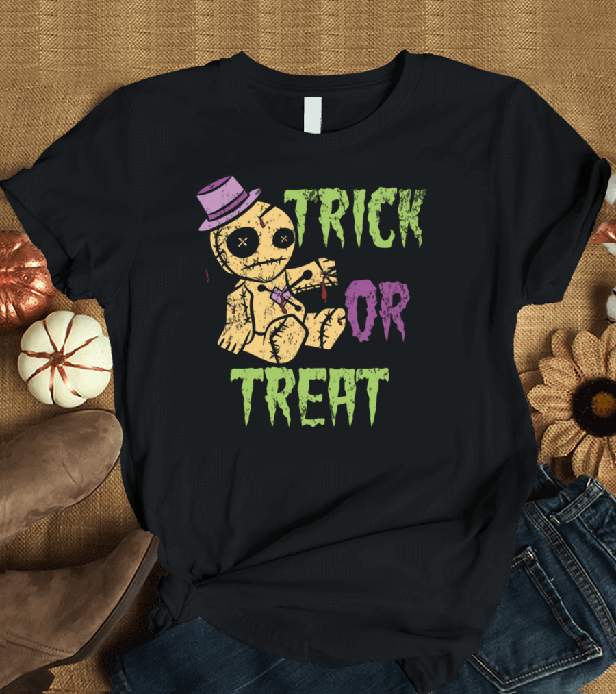 Trick or Treat Halloween Voodoo Doll with Purple Hat and Stitch Details T-Shirt