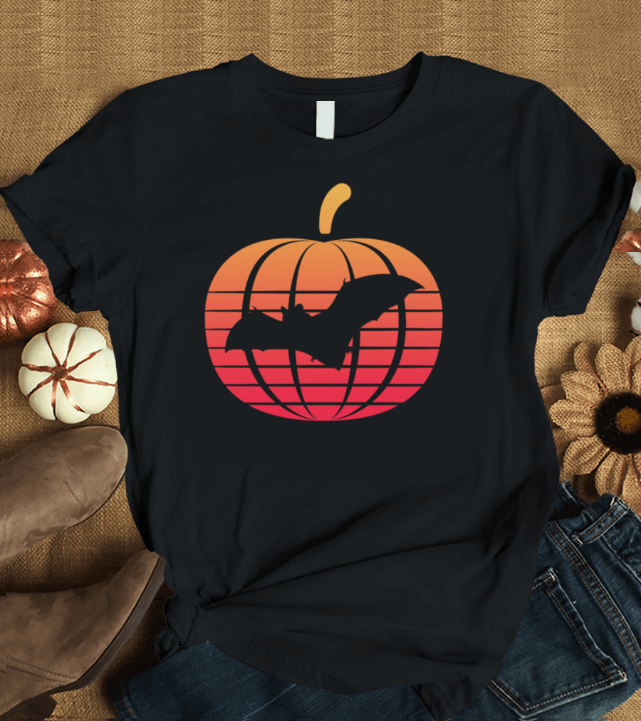 Vintage Halloween Sunset Pumpkin Bat T-Shirt