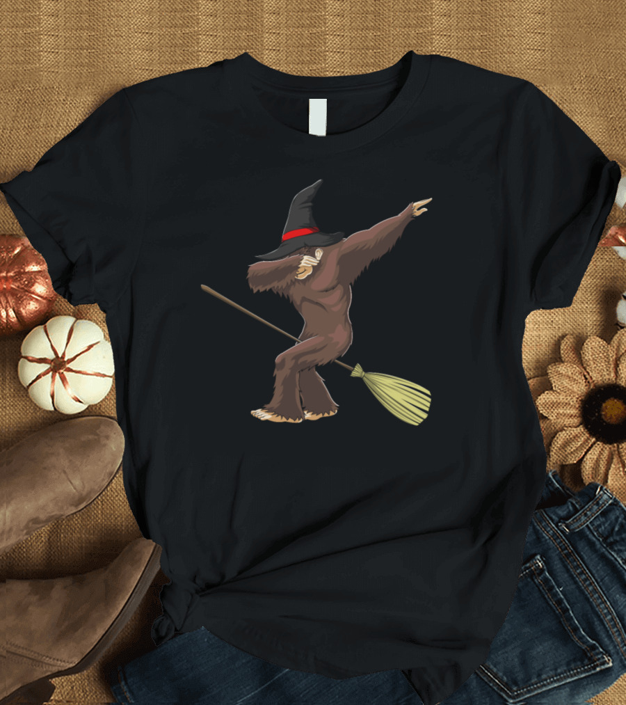 Witch Bigfoot Dabbing Funny Halloween Horror Scary Broomstick T-Shirt