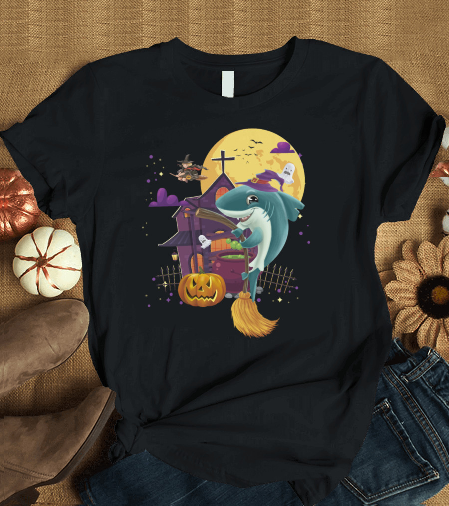 Witch Mama Shark Broom Pumpkin Haunted House Ghosts Halloween Scene T-Shirt