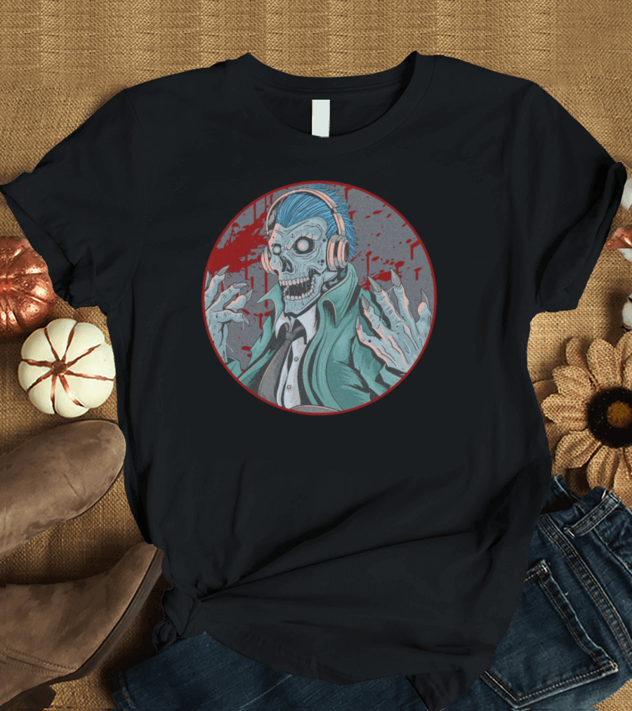 Zombie Character with Headphones and Suit in Bloody Circle T-Shirt