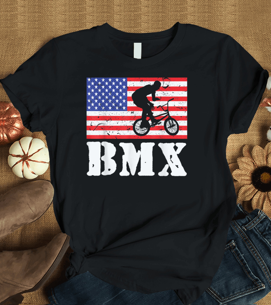 Distressed USA American Flag BMX Riding T-Shirt