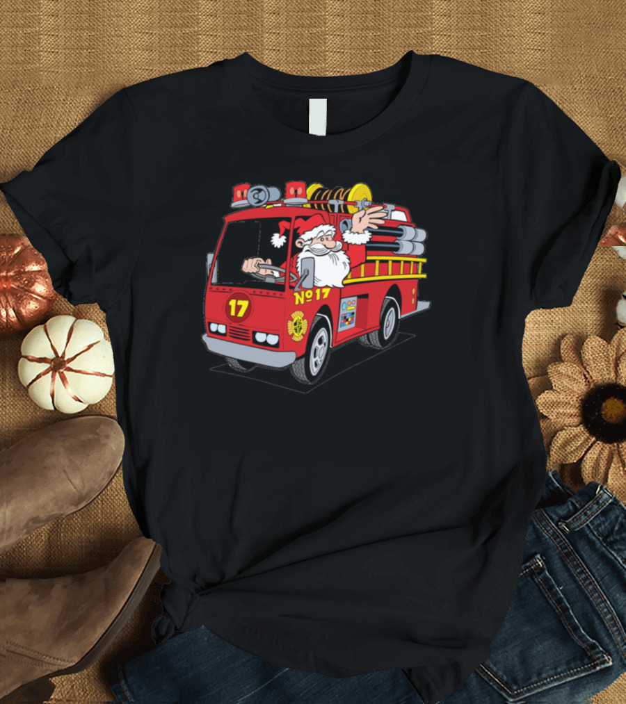 Firefighter Santa Driving No. 17 Fire Truck T-Shirt