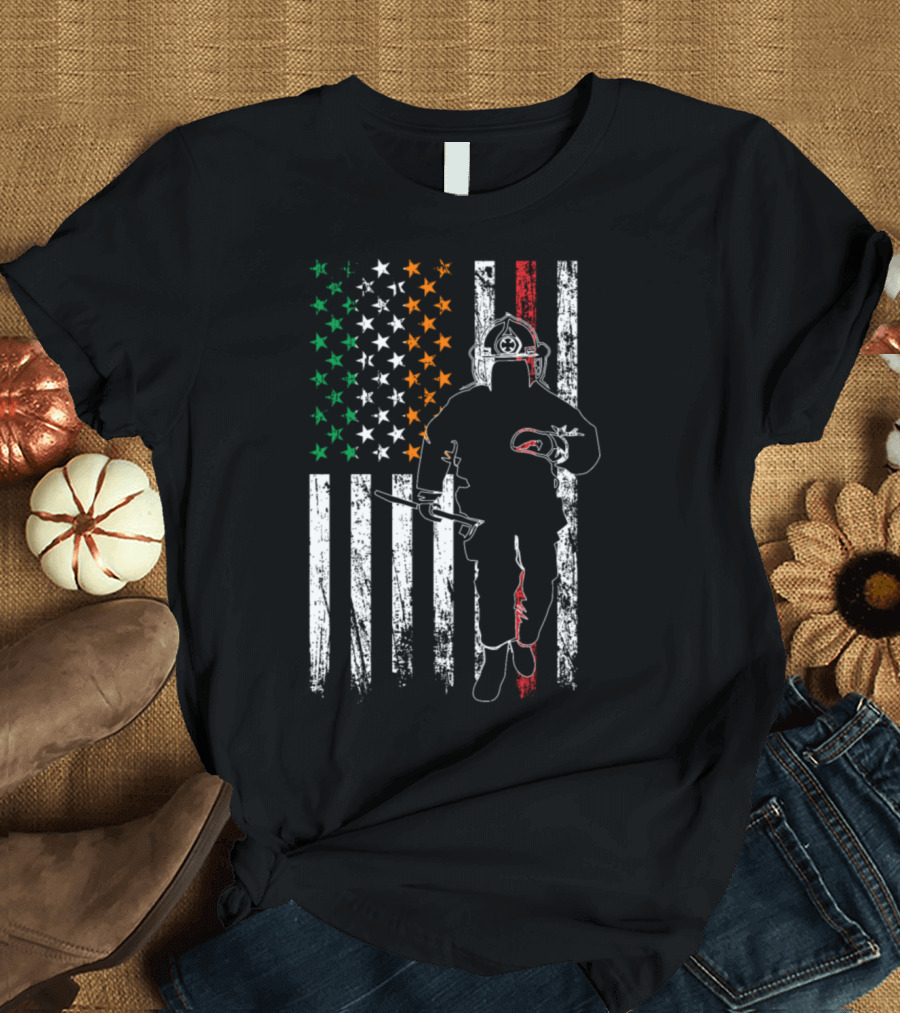 Firefighter American Flag Irish Colors St. Patrick's Day T-Shirt