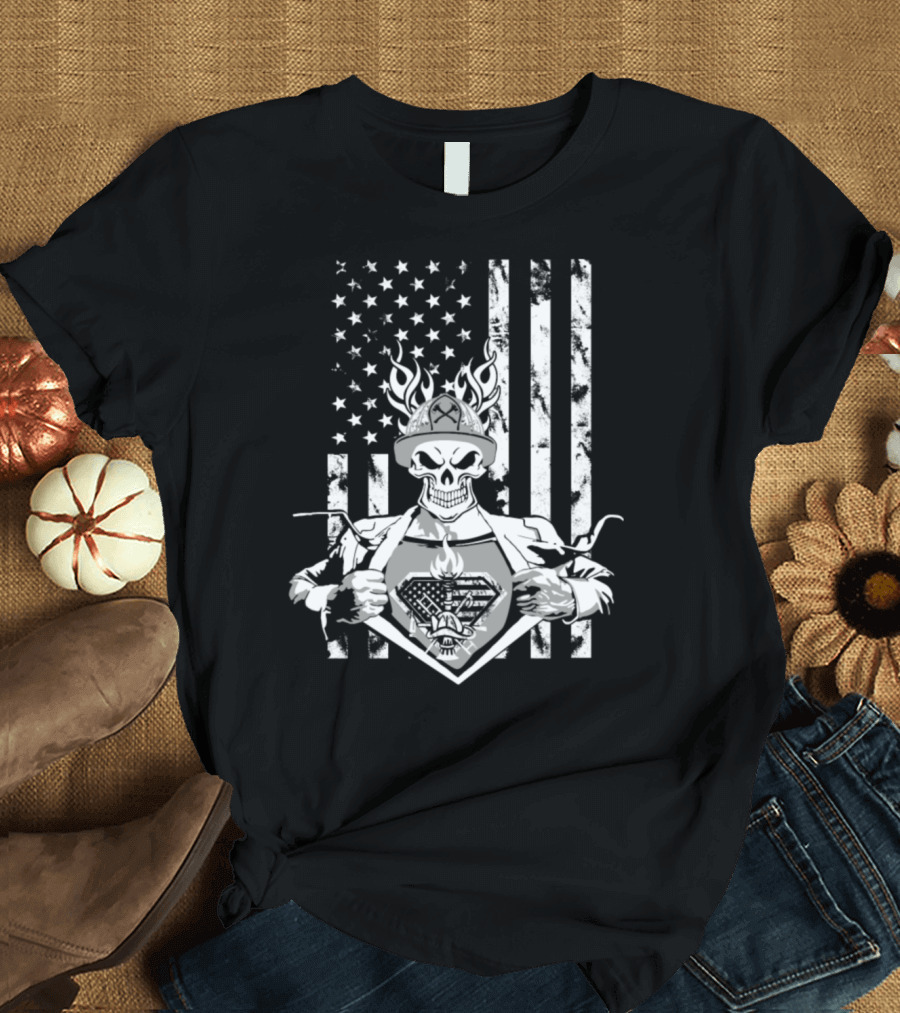 Ghost Skull Firefighter Superhero American Flag T-Shirt