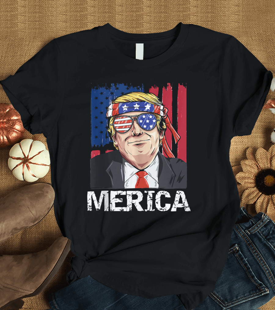 MERICA Donald Trump Patriotic Bandana and Sunglasses with American Flag Background T-Shirt