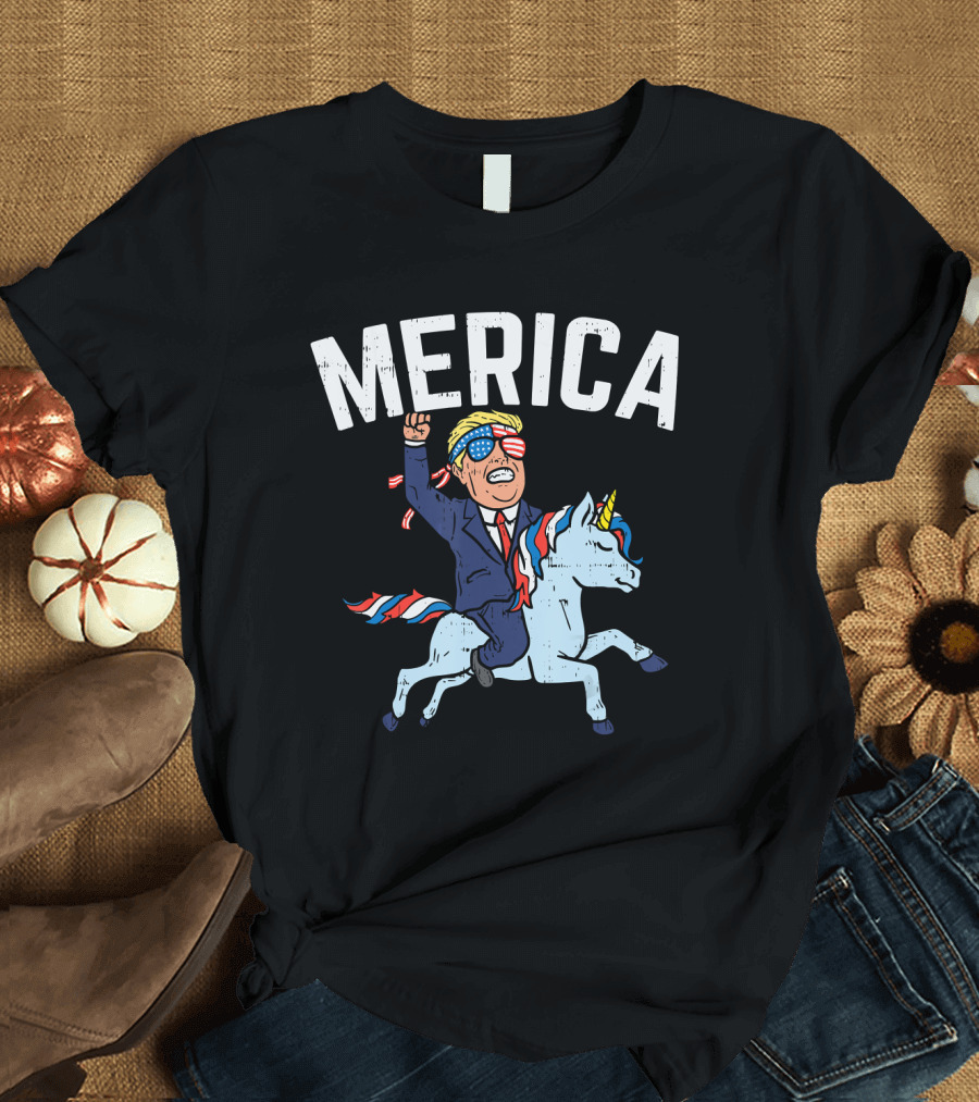 Merica Trump Riding Unicorn Funny Reelect Vote T-Shirt