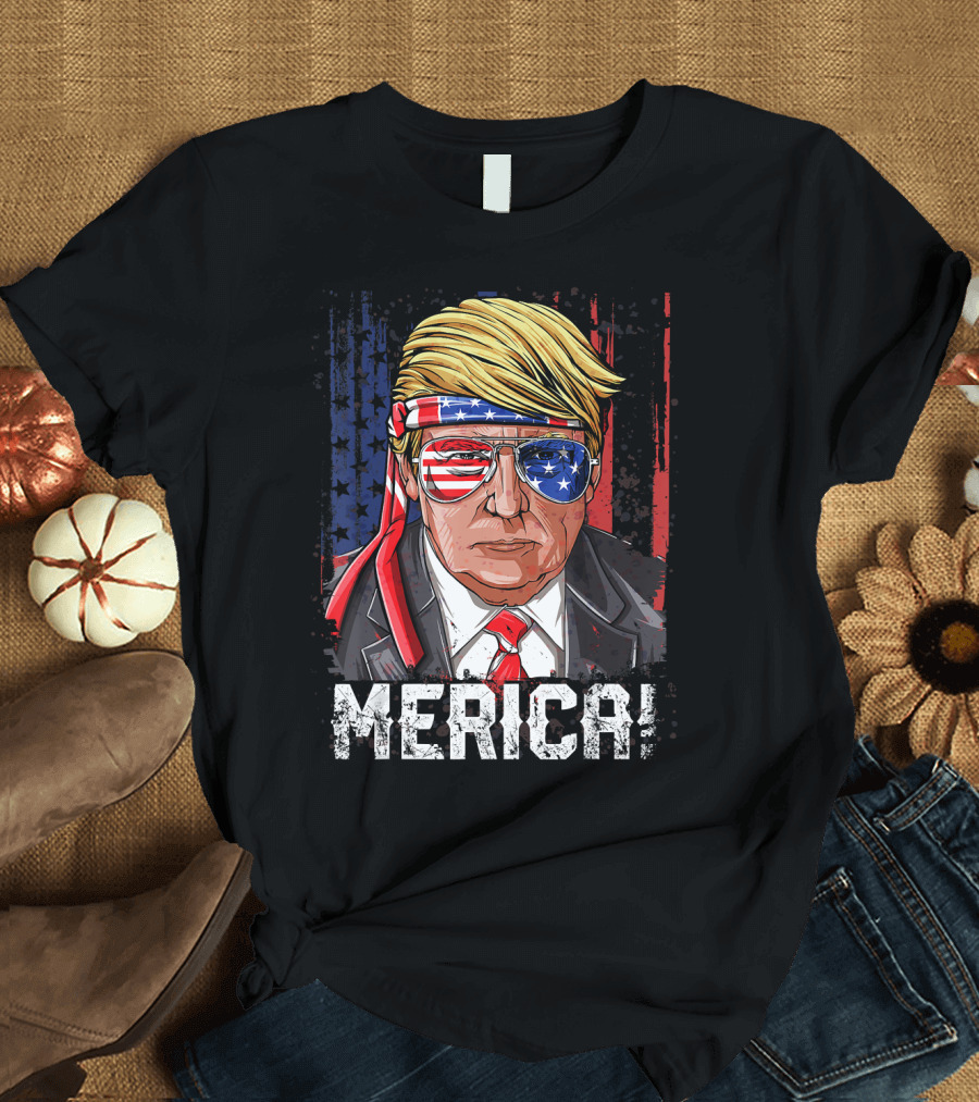 Merica Trump 4th of July American Flag Bandana and Sunglasses T-Shirt