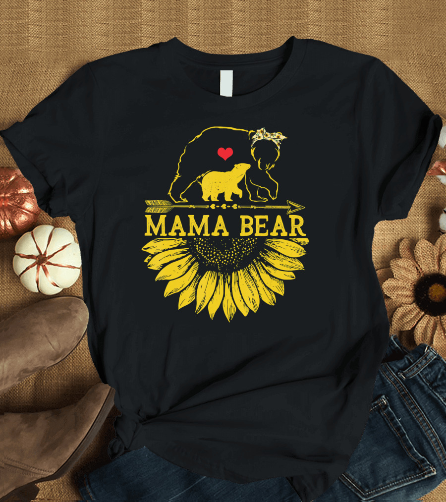 Mama Bear Sunflower with Yellow Bow and Heart Over Arrow T-Shirt