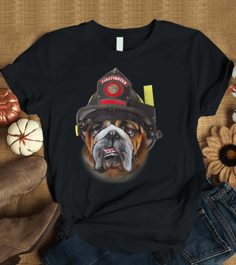 Brave English Bulldog Wearing Firefighter Helmet T-Shirt