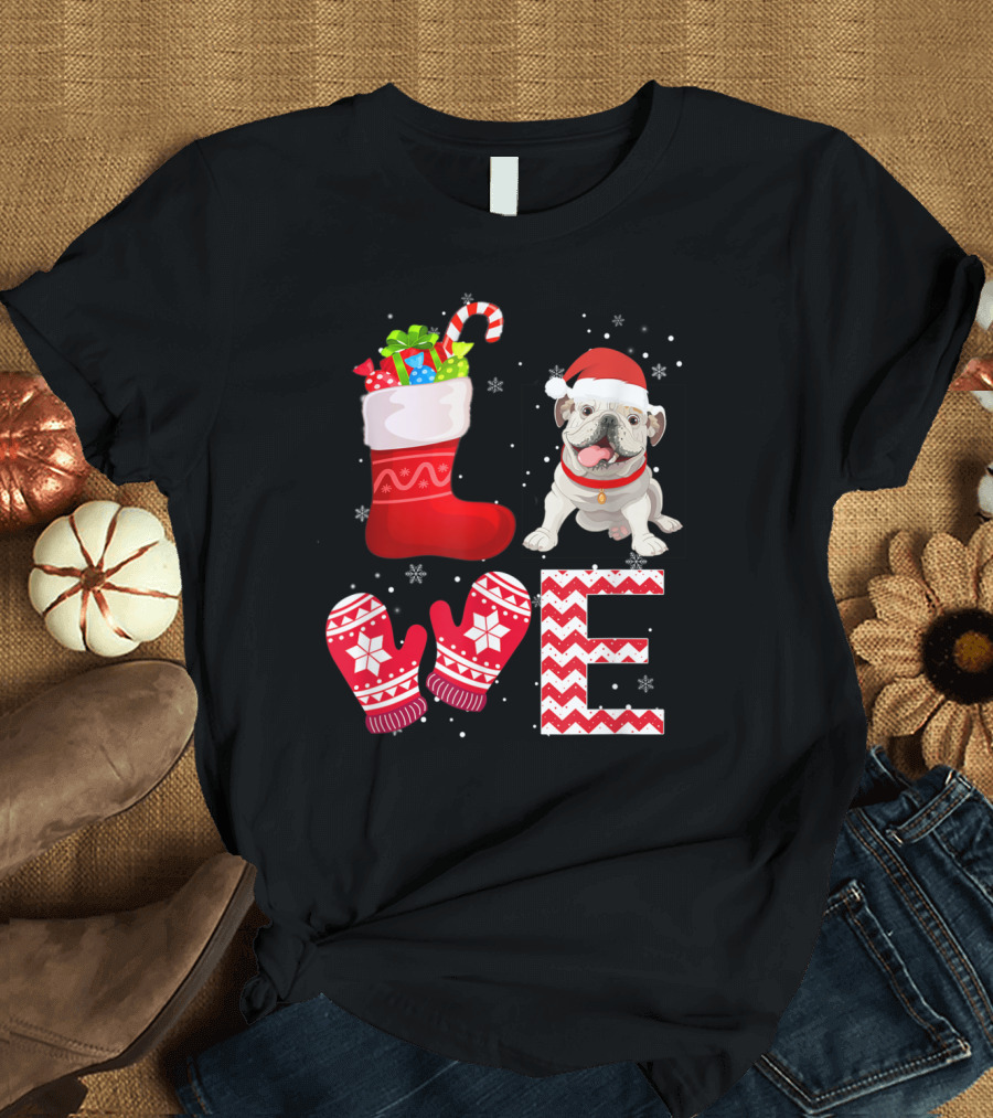Christmas English Bulldog Lover Santa Hat Stocking Mittens Snowflakes T-Shirt