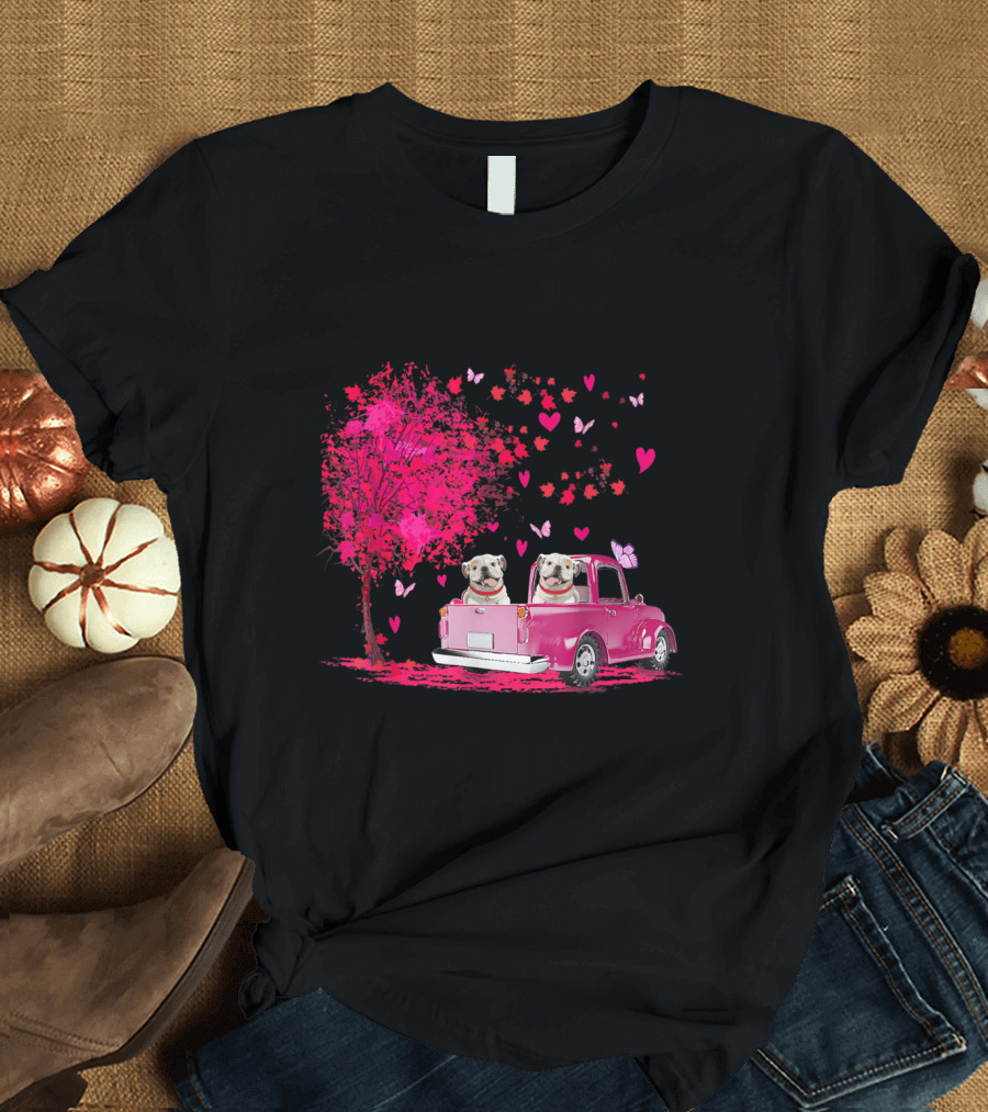English Bulldog Couple Pink Truck Hearts and Butterflies Valentine's T-Shirt