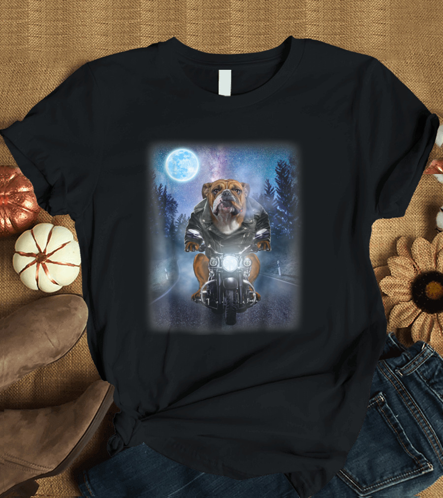 English Bulldog Riding Motorcycle Under Icy Moonlit Sky T-Shirt