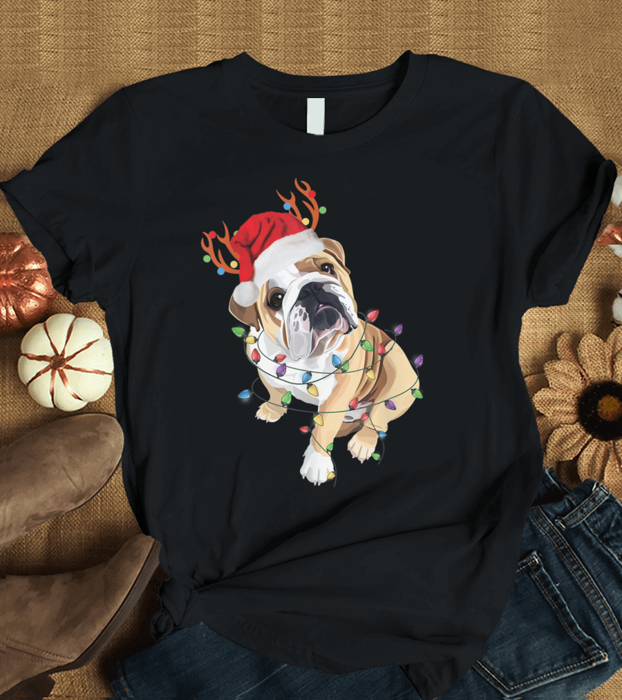 English Bulldog Christmas Lights Santa Hat Reindeer Antlers T-Shirt