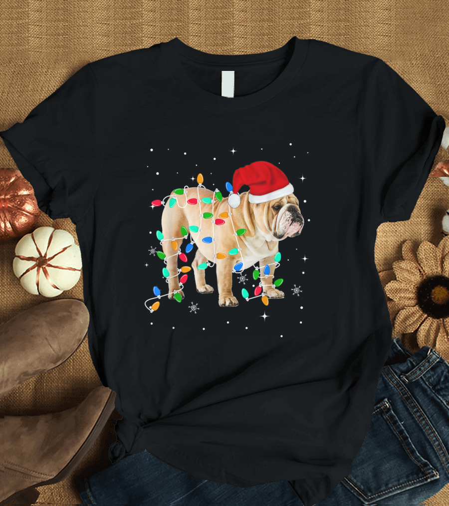 Funny English Bulldog with Christmas Lights and Santa Hat T-Shirt