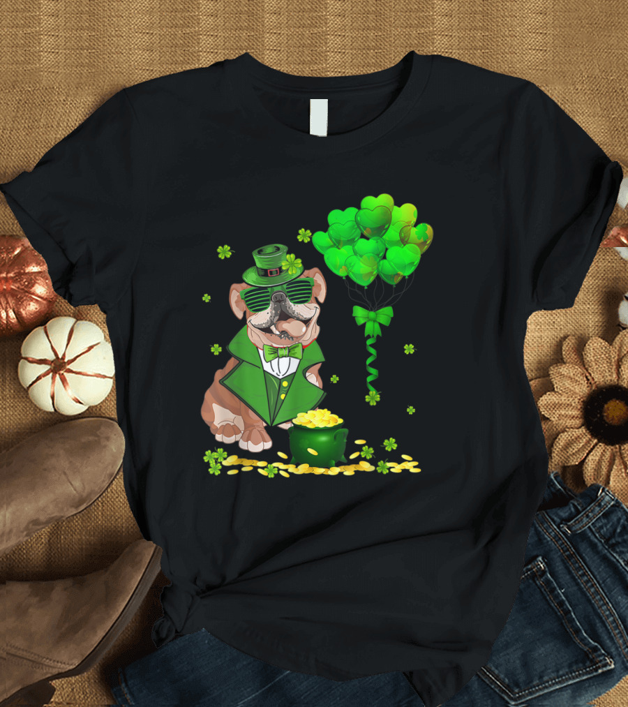 Irish English Bulldog with Leprechaun Outfit and Heart Balloons T-Shirt