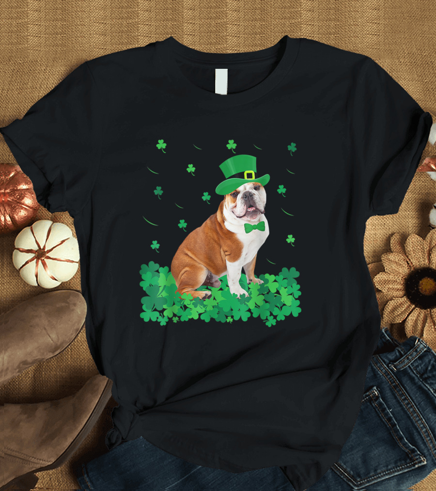 St Patricks Day Shamrock English Bulldog with Green Hat and Bowtie T-Shirt