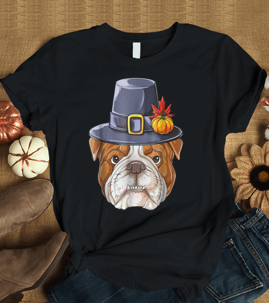 Thanksgiving Pilgrim Hat English Bulldog Kids Pumpkin Maple Leaf T-Shirt