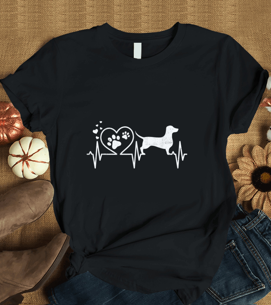Doxie Dachshund Weenie Mom Dad Heartbeat Paw Print Love T-Shirt