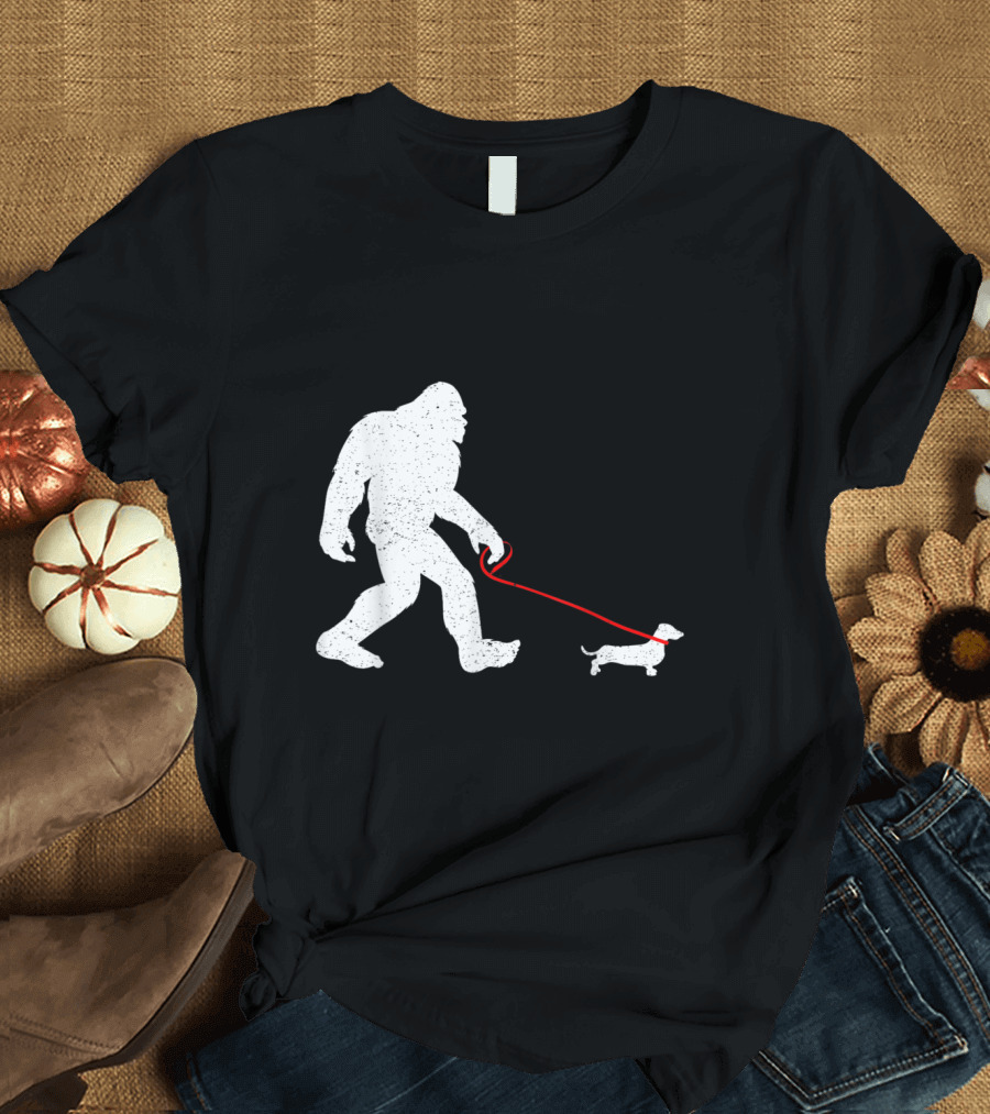 Bigfoot Sasquatch Walking Dachshund Funny Monster Myth Dog Leash Image T-Shirt