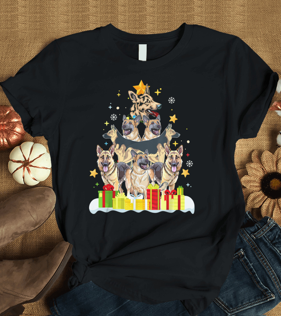 German Shepherd Holiday Tree with Stars and Gifts T-Shirt