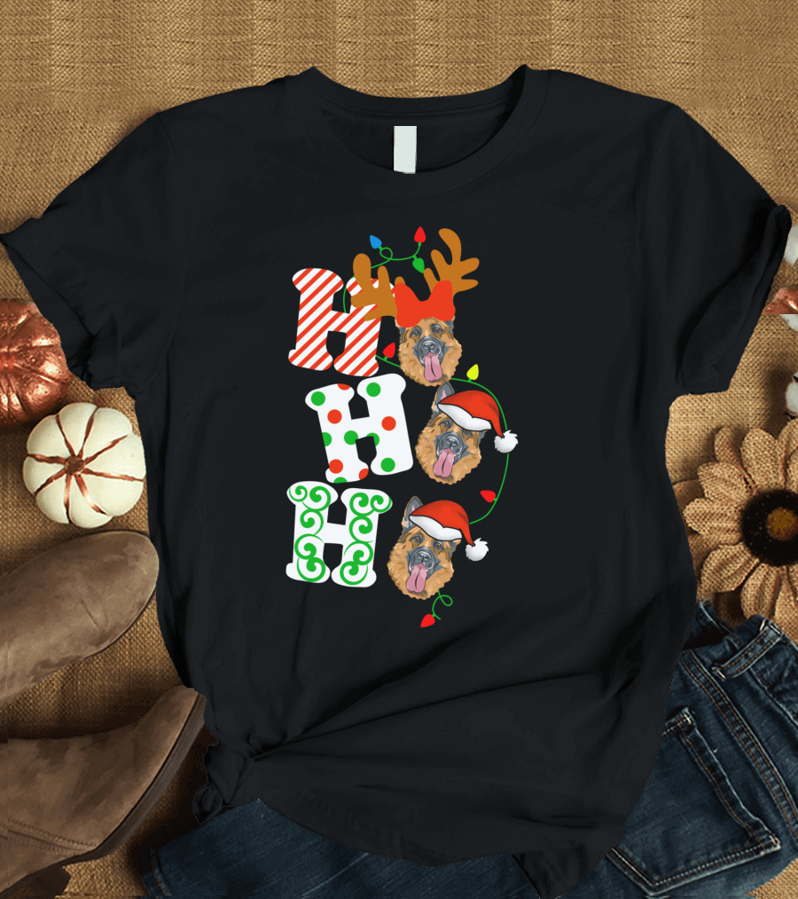 Ho Ho Ho Christmas Lights German Shepherd Dog Reindeer Santa Hat T-Shirt