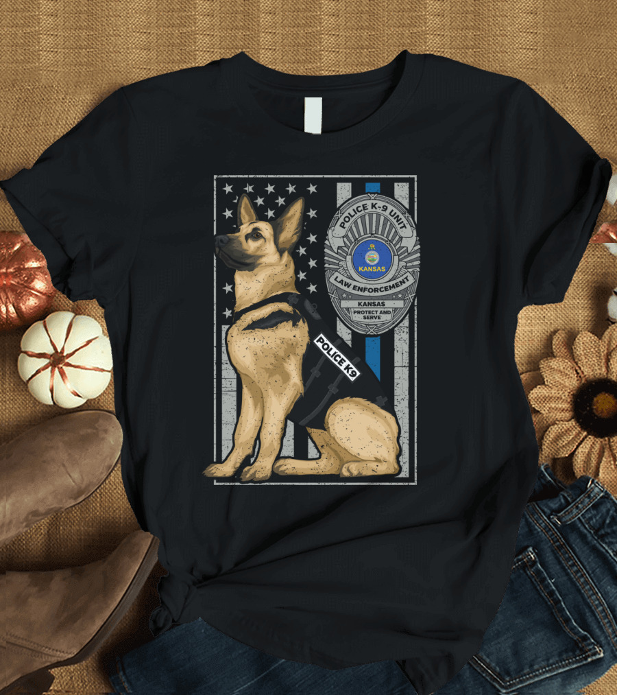Police K-9 Unit Law Enforcement Kansas Protect and Serve German Shepherd T-Shirt