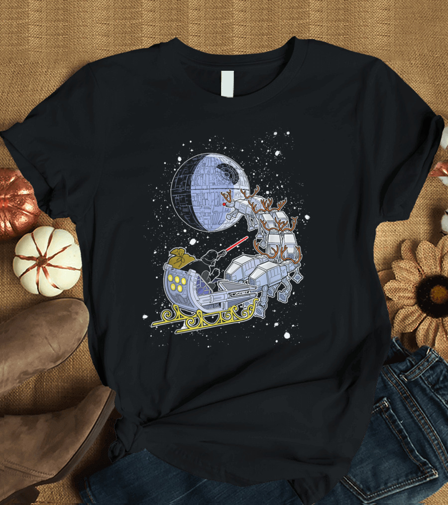 Vader Open Sleigh with AT-AT Reindeer and Death Star Background T-Shirt