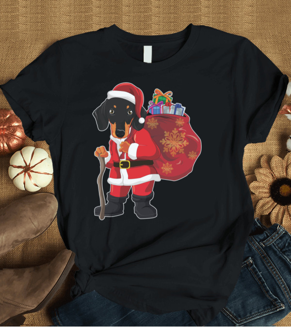 T-Shirt: Dachshund Santa with Gift Sack Christmas Weiner Dog Lovers T-Shirt Dachshund Santa with Gift Sack Christmas Weiner Dog Lovers T-Shirt