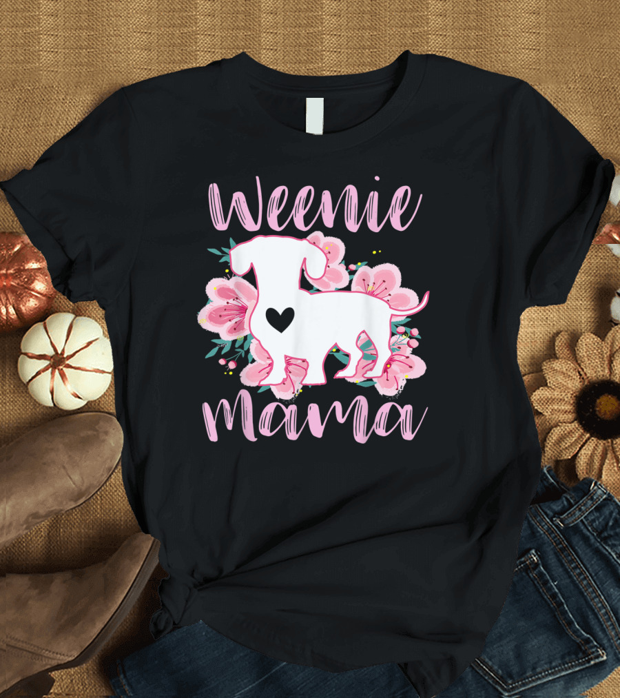 Weenie Mama Dachshund with Pink Flowers and Heart Detail T-Shirt