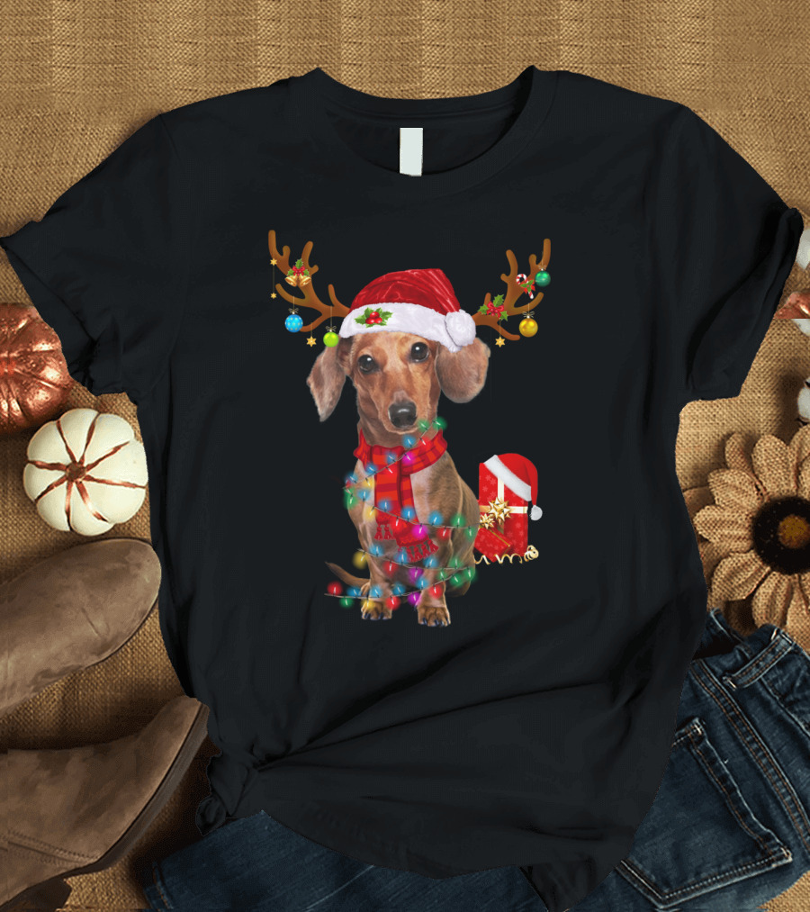 Funny Santa Reindeer Dachshund Christmas Lights T-Shirt