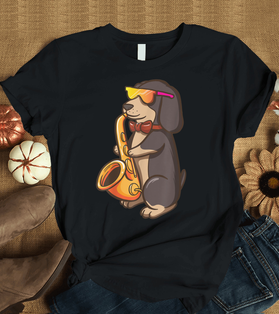 Saxophone Player Dachshund Jazz Band Music Dog Wearing Sunglasses Bowtie T-Shirt