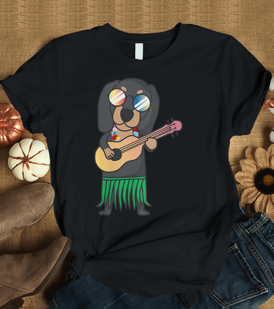 Dachshund Dog Playing Ukulele with Sunglasses and Hawaiian Luau Garland T-Shirt