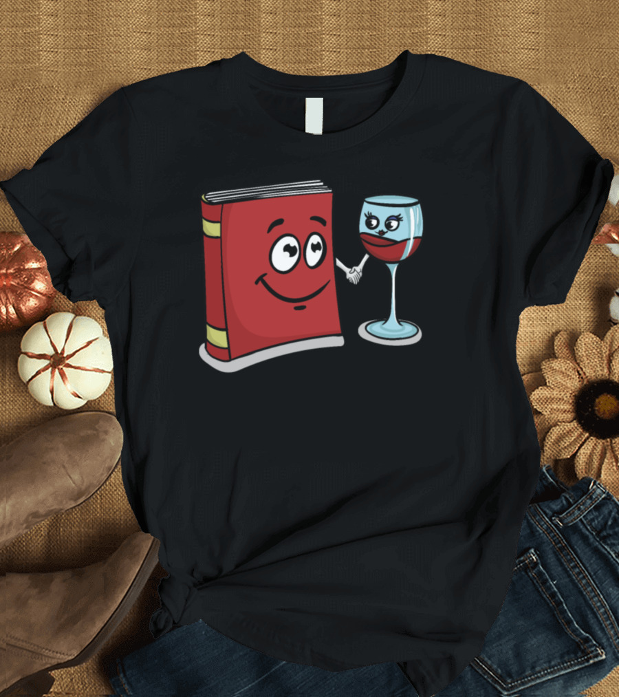 Book And Wine Smiling Cartoon Character Friendship T-Shirt