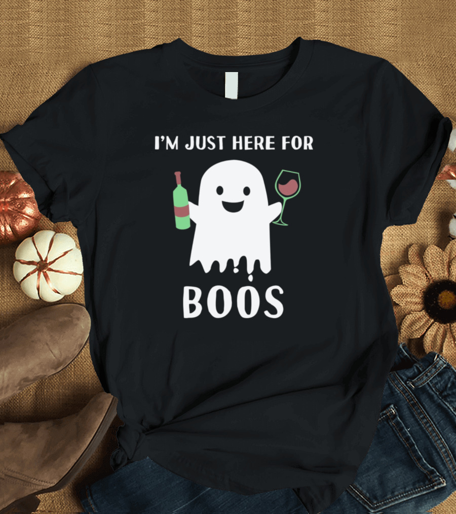I'm Just Here for Boos Halloween Ghost with Wine Bottle and Glass T-Shirt